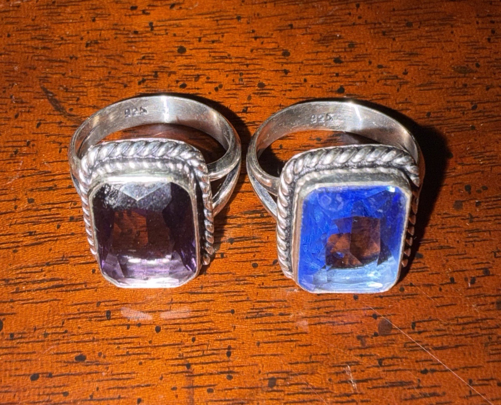 2 Silver 7.5 Rings Purple Amethyst & Blue Tanzanite US Seller