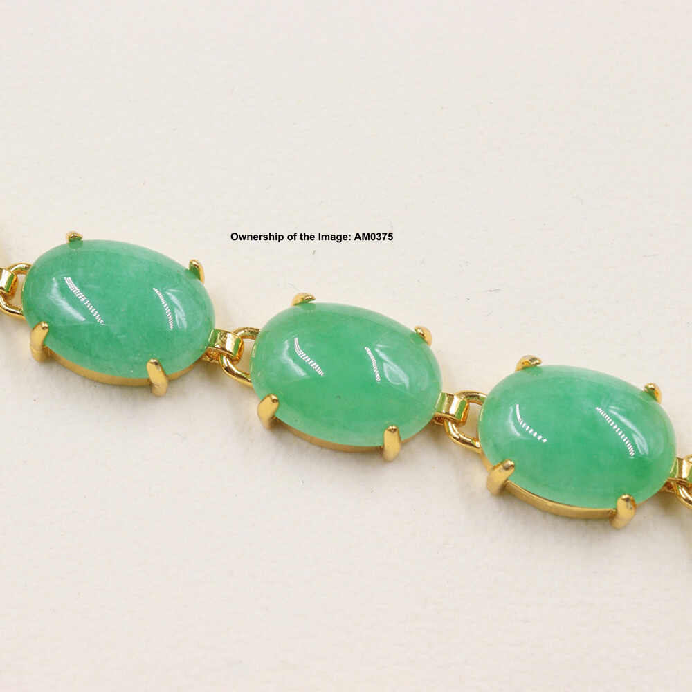 18K Gold Plated Alloy Heated Green Jade Oval Gemstone Bracelet Gift 7.08INCH