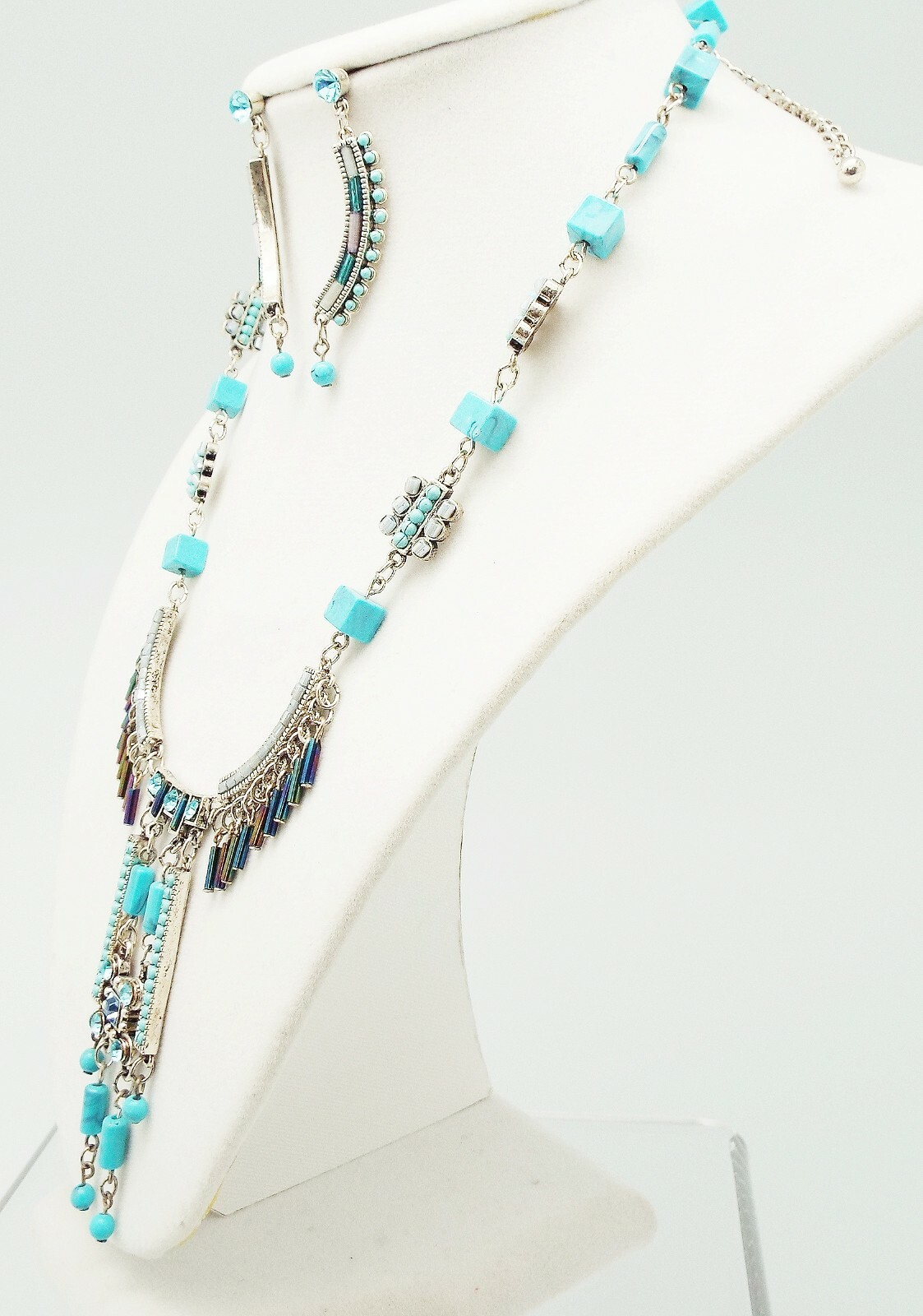 DESIGNER INSPIRED BLUE FAUX TURQUOISE CRYSTAL ACRYLIC SILVER NECKLACE SET NEW