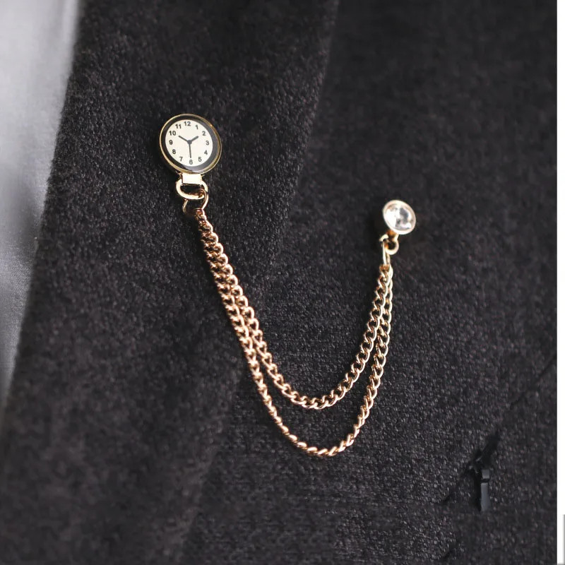Men’s Vintage Clock Chain Brooch Gold Punk Pin Badge Suit Lapel Jewelry Gift