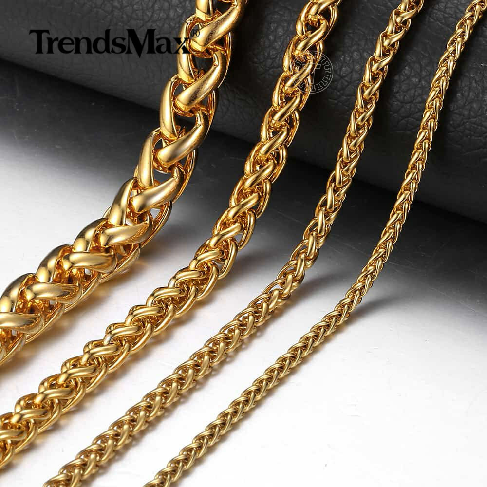 18K Gold Plated Stainless Steel Wheat Braided Chain Necklace Jewelry 3mm – 9.5mm
