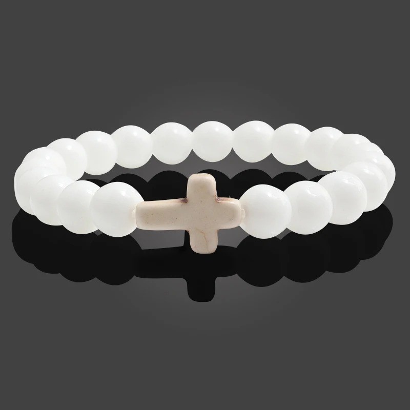 Cross Beaded Bracelet Natural Stone Handmade Men Women Prayer Gift