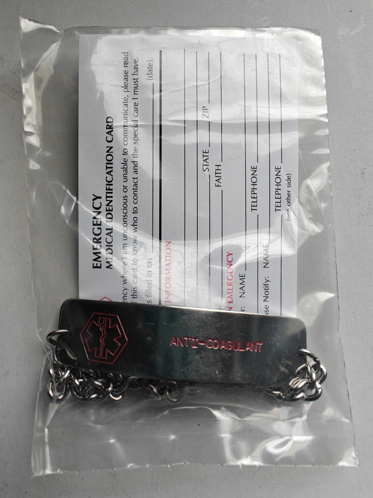 Anti-Coagulant Medical Bracelet, Engraved, Silver w/Emergency Medical IDCard