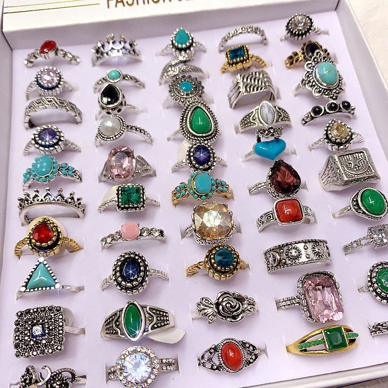 50pcs Bulk Lots Vintage Crystal Stone Mix Plated antique silver Jewelry Ring