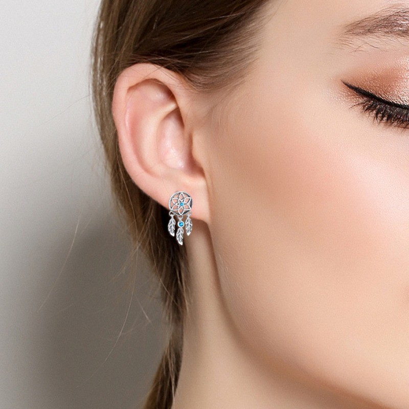 PANDACH 925 Sterling Silver Dream Catcher wIth Feathers Stud Earrings For Womens