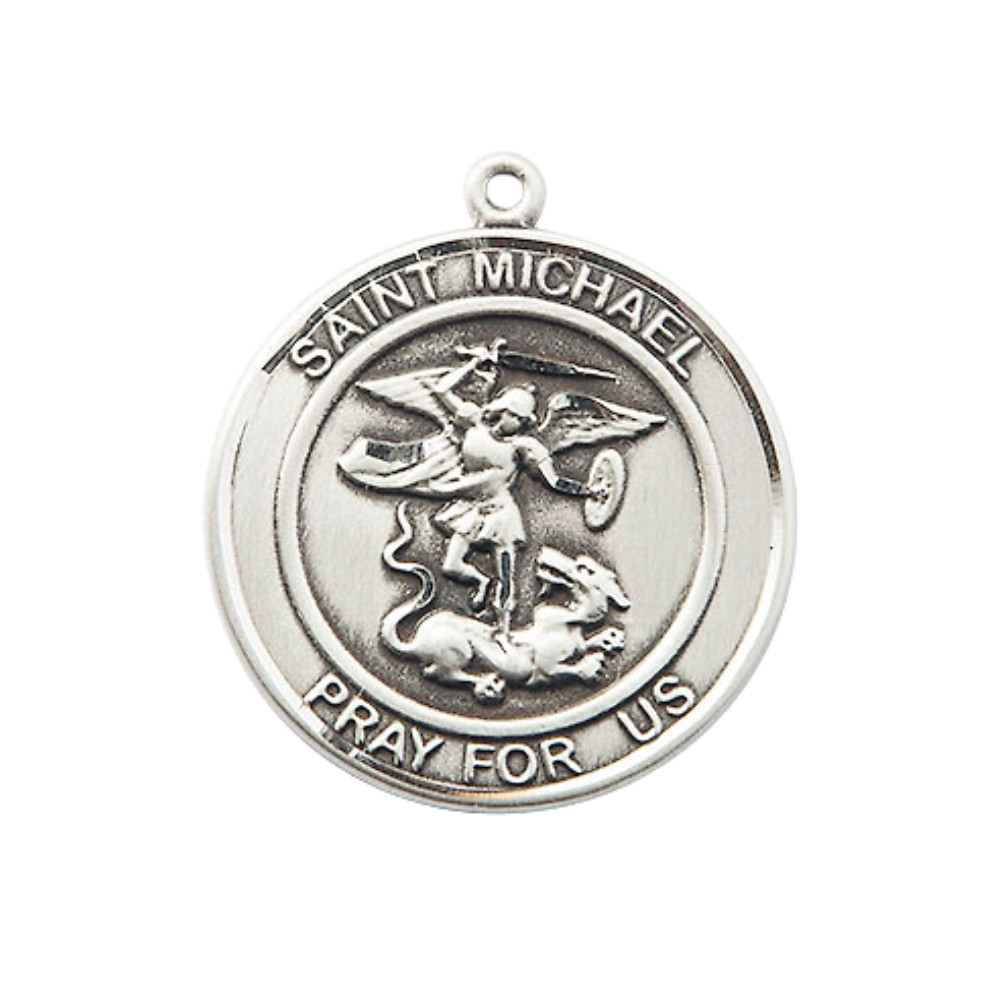 Mens Saint MichaelPewter Medal Pendant 24″ Lobster Claw Chain Religious Necklace