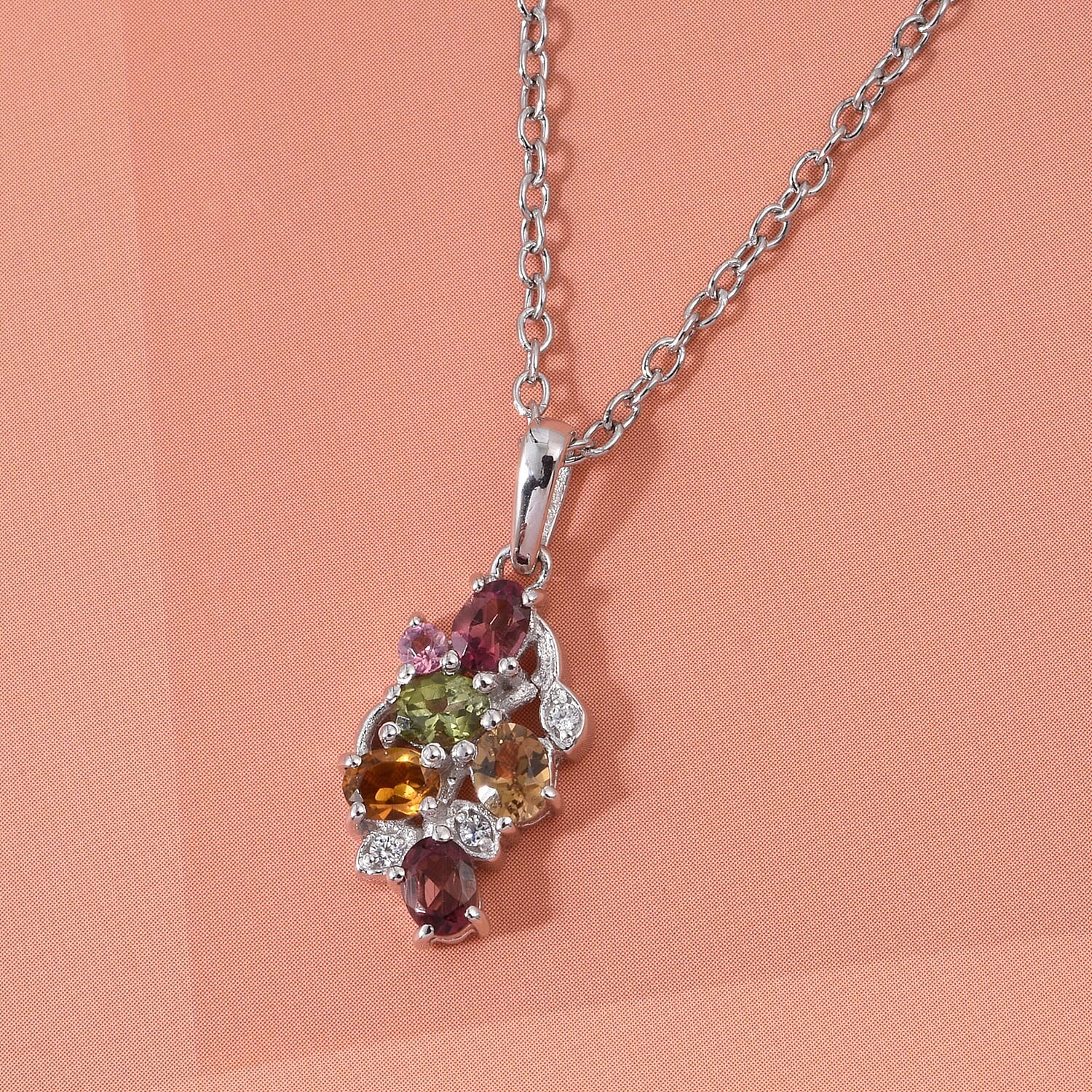 Multi-Tourmaline White Zircon 1.00 ctw Necklace in Rhodium Sterling Silver 20 In