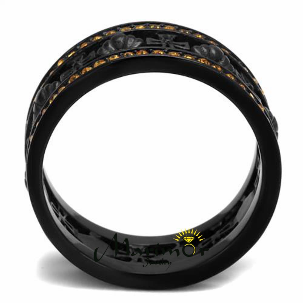 Womens Black Ion Plated Stainless Steel Topaz Crystal Crown & Cross Ring Sz 5-10