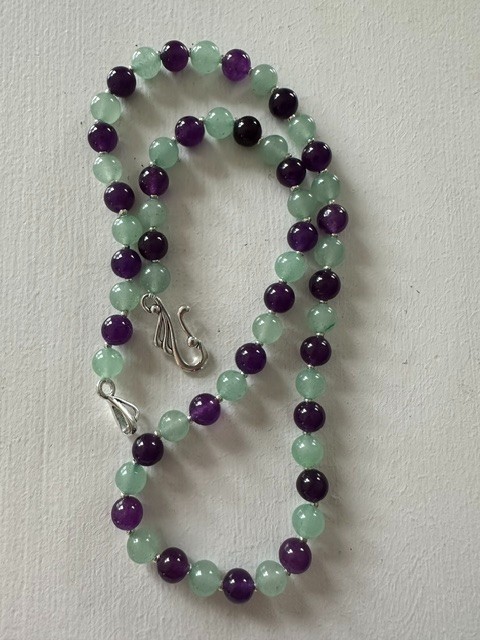 Natural Green Aventurine Purple Amethyst 8 mm Gemstone Beads 20″ Necklace.