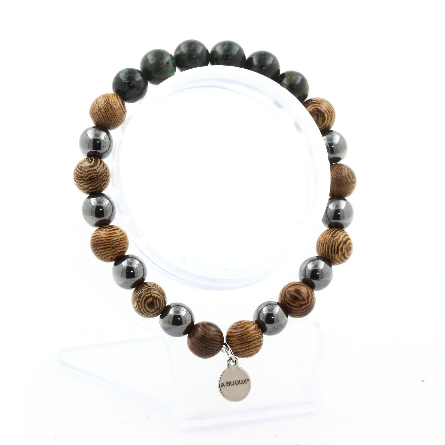 Zambia Emerald Bracelet + Hematite Beads + 8 Mm Wood. Made In France.