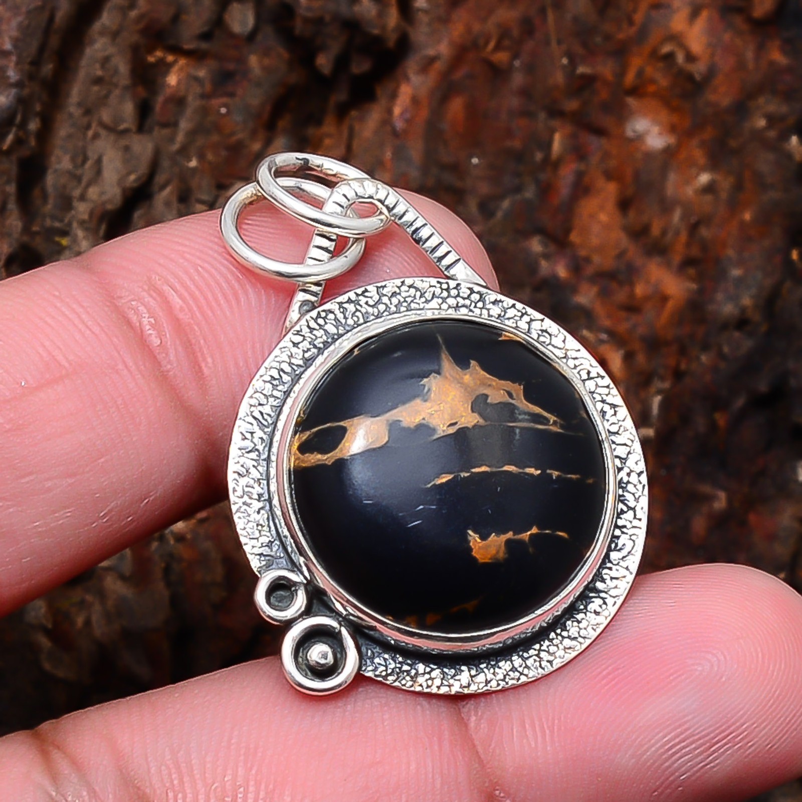 Copper Black Turquoise Designer Handmade 925 Sterling Silver Pendant 1.4″ P34