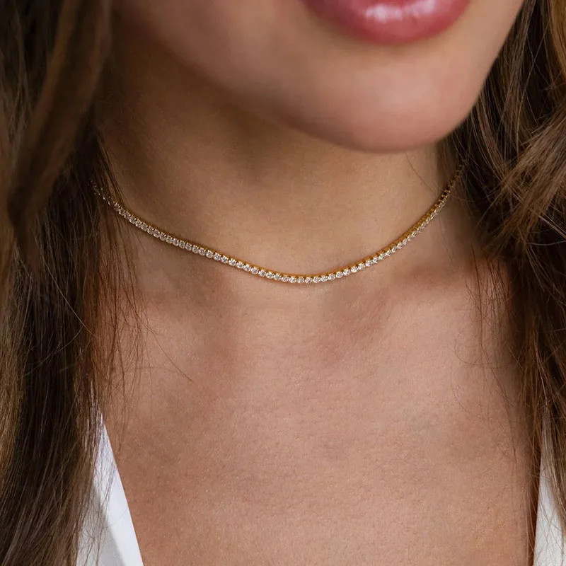 Sterling Silver Choker Necklace 925 Simulated Zirconia Short Chain Women Jewelry