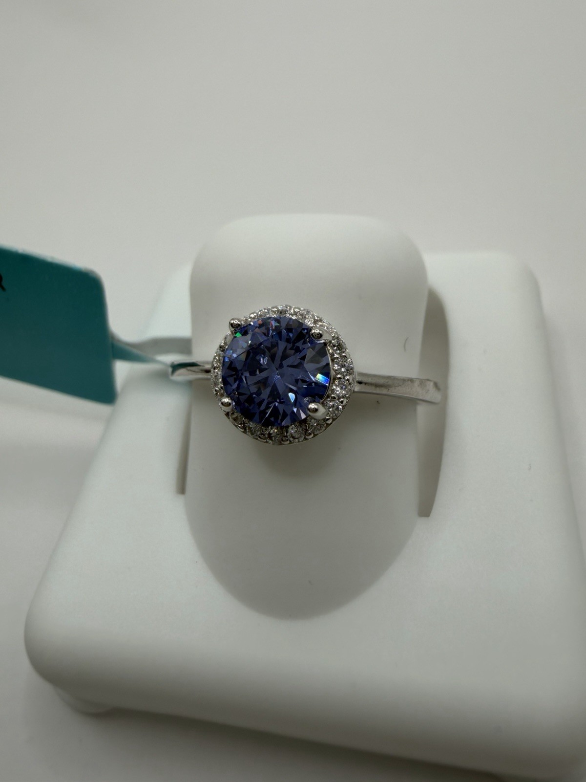925 Sterling Silver tanzanite Round CZ Halo Setting Ring w/ CZ Accents Size 6