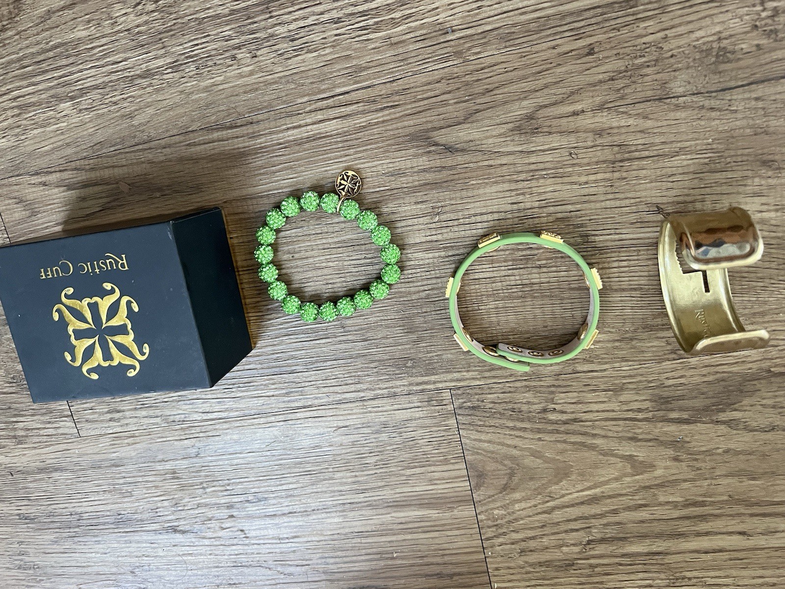 Rustic Cuff Signed Green Crystal Gold Plated Bracelet Jewelry Set