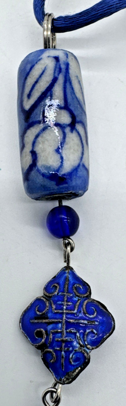 Handmade Blue Ceramic Cloisonne Pendant Necklace Adjustable Cord Artisan Jewelry