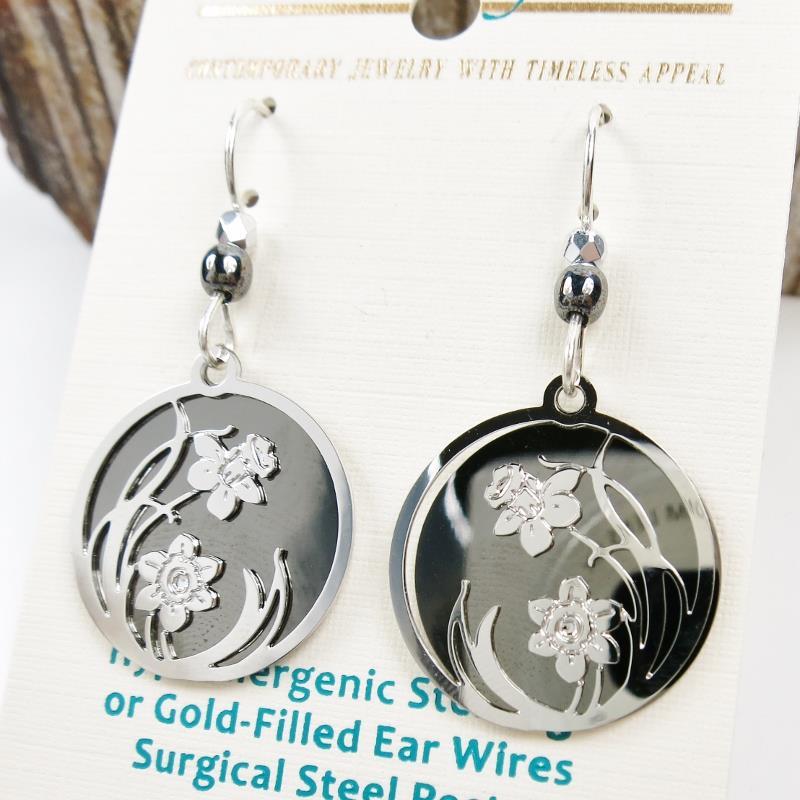 Adajio Earrings Shiny Black Hematite Disc Shiny Silver Tone Daffodil in Circle