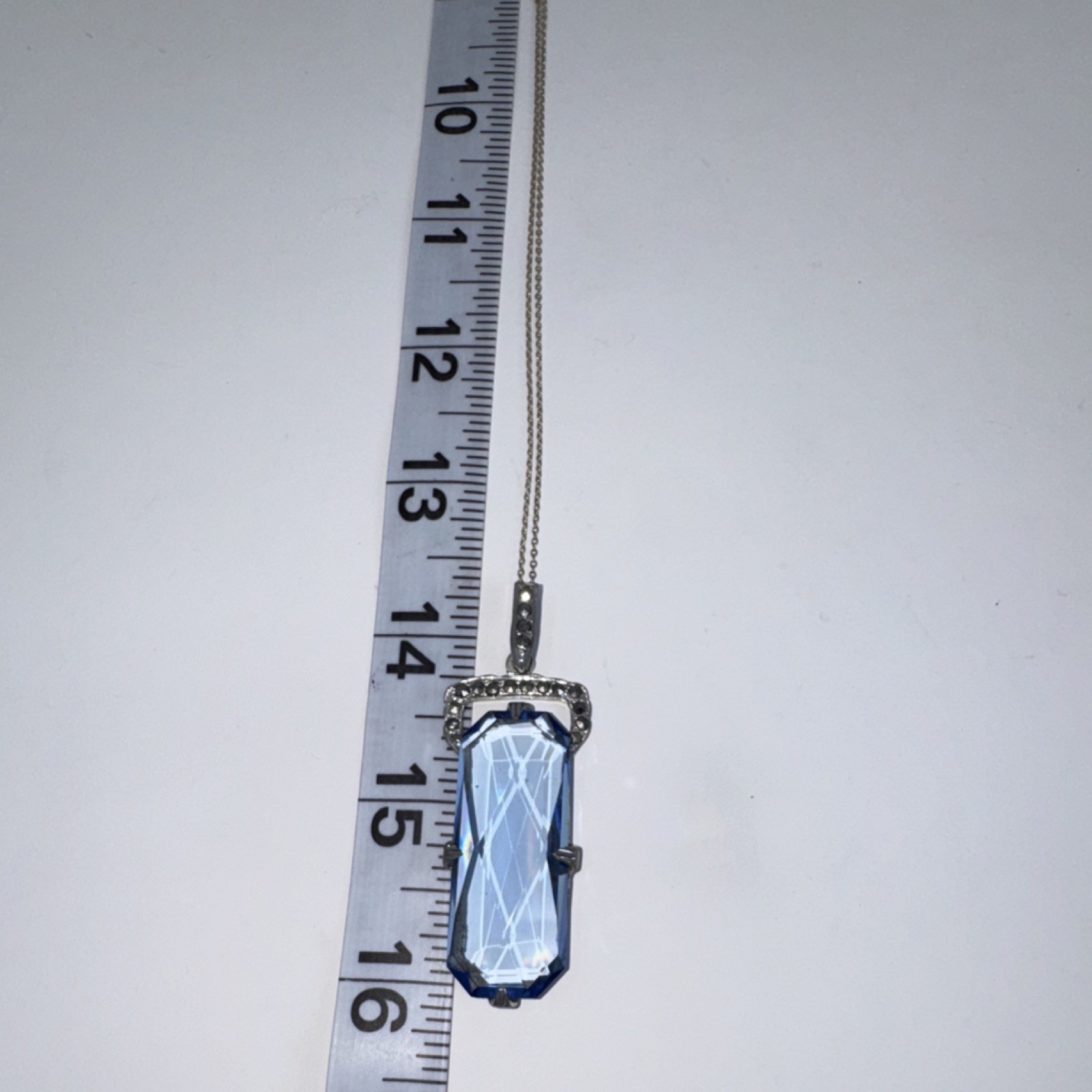 Vintage Blue Spinel Glass Emerald Cut Rectangle Pendant 16″ Silver Chain