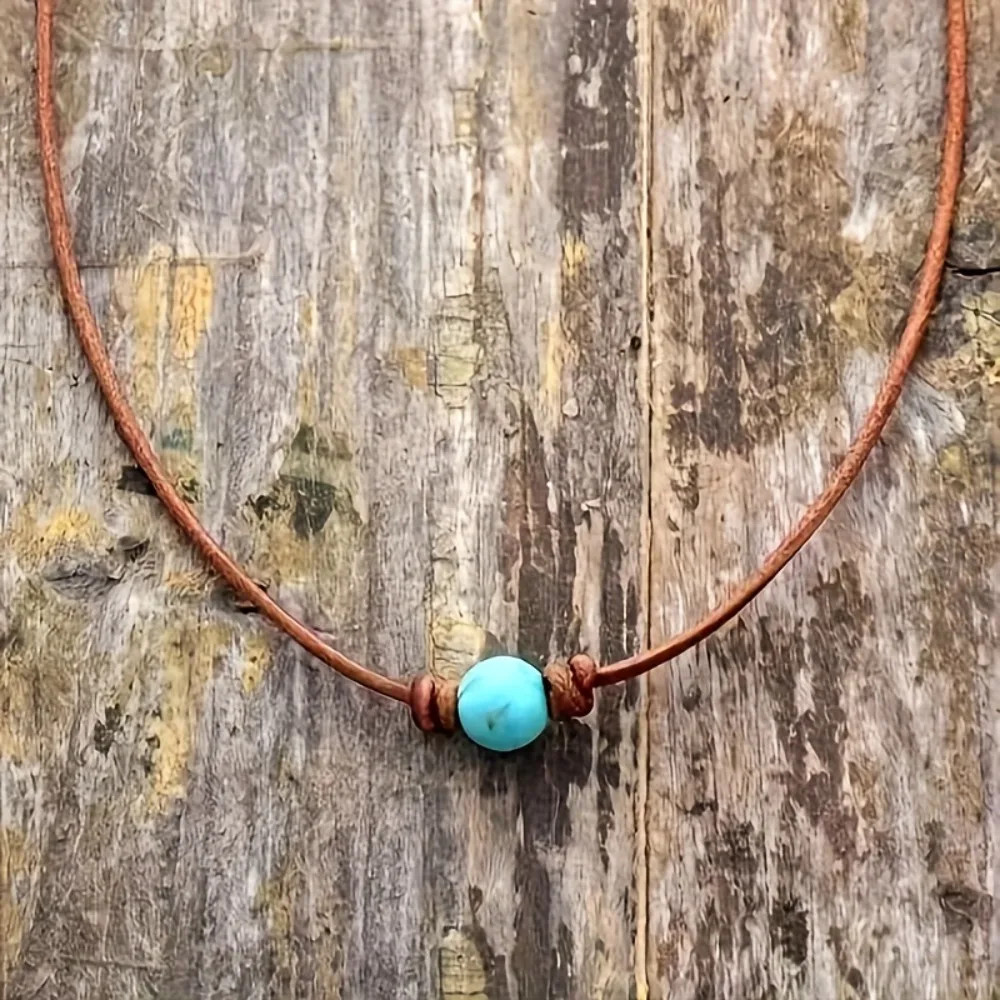 Bohemian Style Turquoise Bead Choker Necklace, Simple Vintage Retro Leather Cord