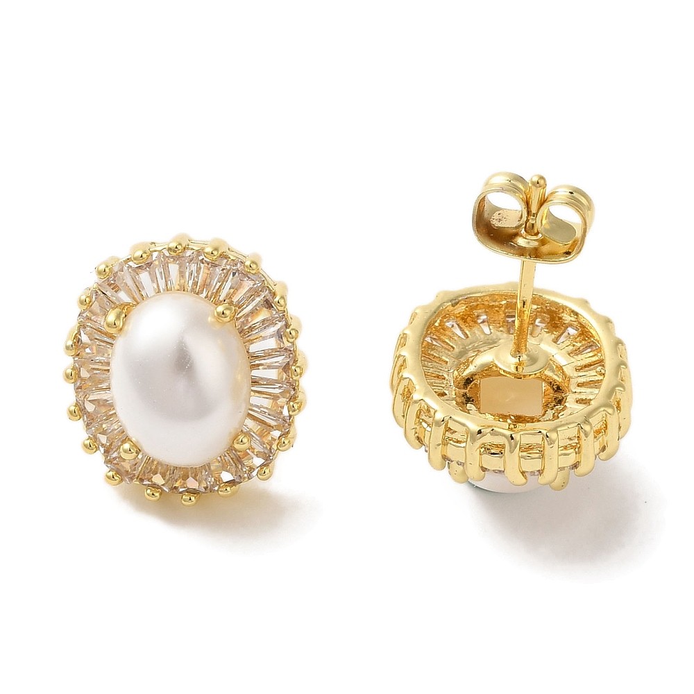 Stud Earrings 18K Gold Plated Heart Cubic Zirconia Pearl 0.59 in Oval Women E89