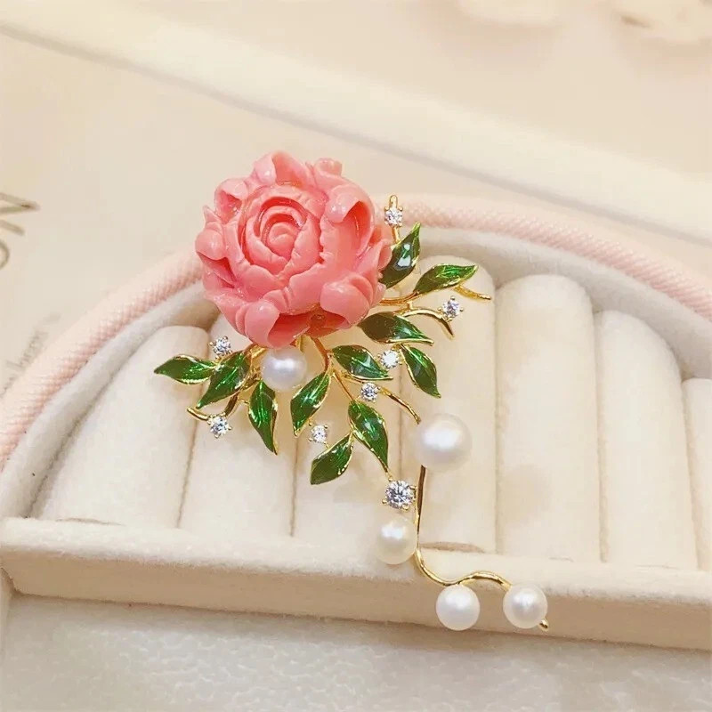 Elegant Rose Flower Brooch Pin for Women New Faux Pearl Fashion Gift Jewelry