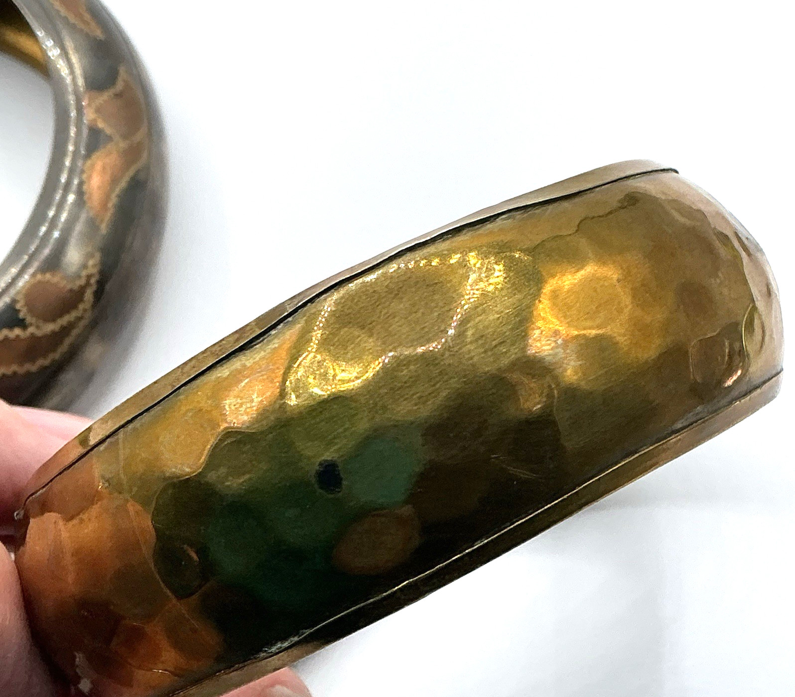 Lot of 3 Brass & Brass Plated Bangle Bracelets Hammered Copper Accents