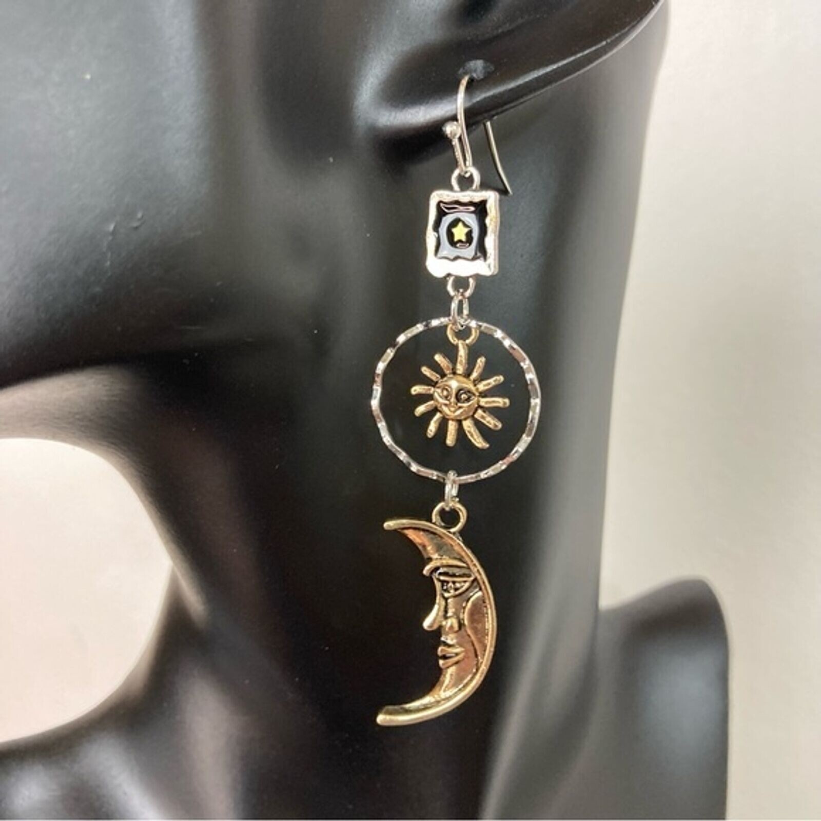 Sun & Moon Earrings, Star, Asymmetrical, Unique, Mixed Metal, Brass, Antiqued