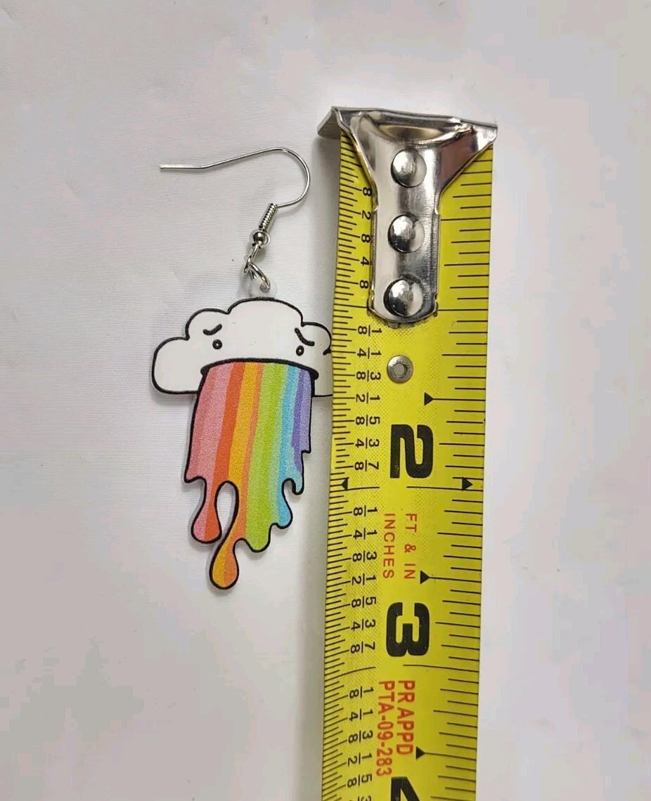 Hook Drop Dangle Pierced Earrings Big Plastic White Cloud Puking A Rainbow