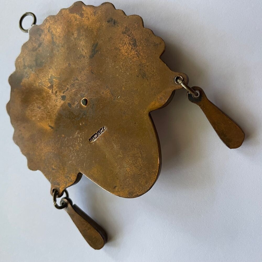 Large Vintage Mexican Carved White Onyx Aztec Warrior Pendant Copper Brass