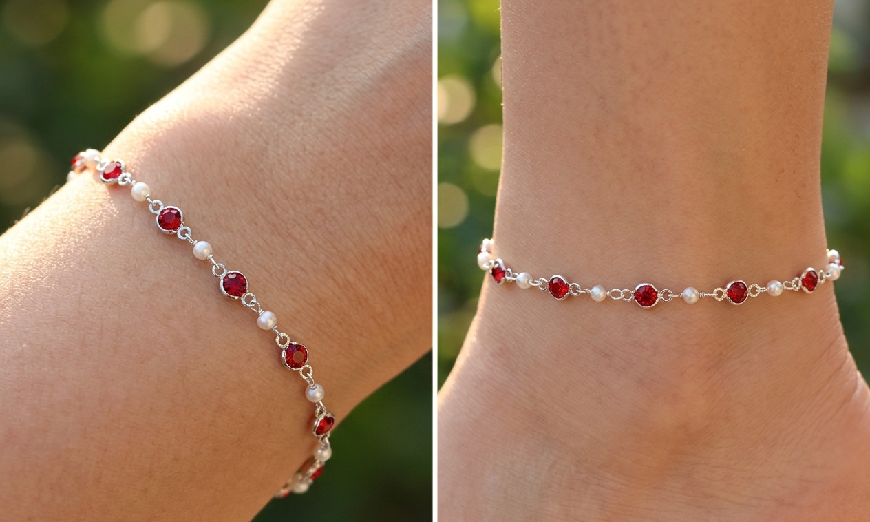 Red Ruby & Pearl Silver Plated Minimalist Boho Chain Bracelet | Handmade Premium