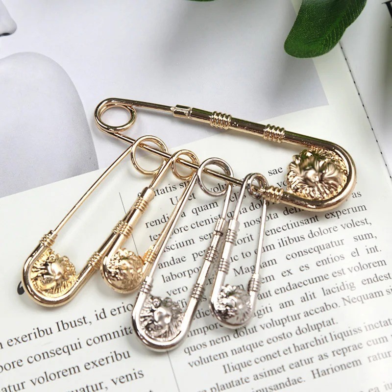 Vintage Large Safety Pin Brooch Double Lion Head Waist Closing Decor Suit Jewelr