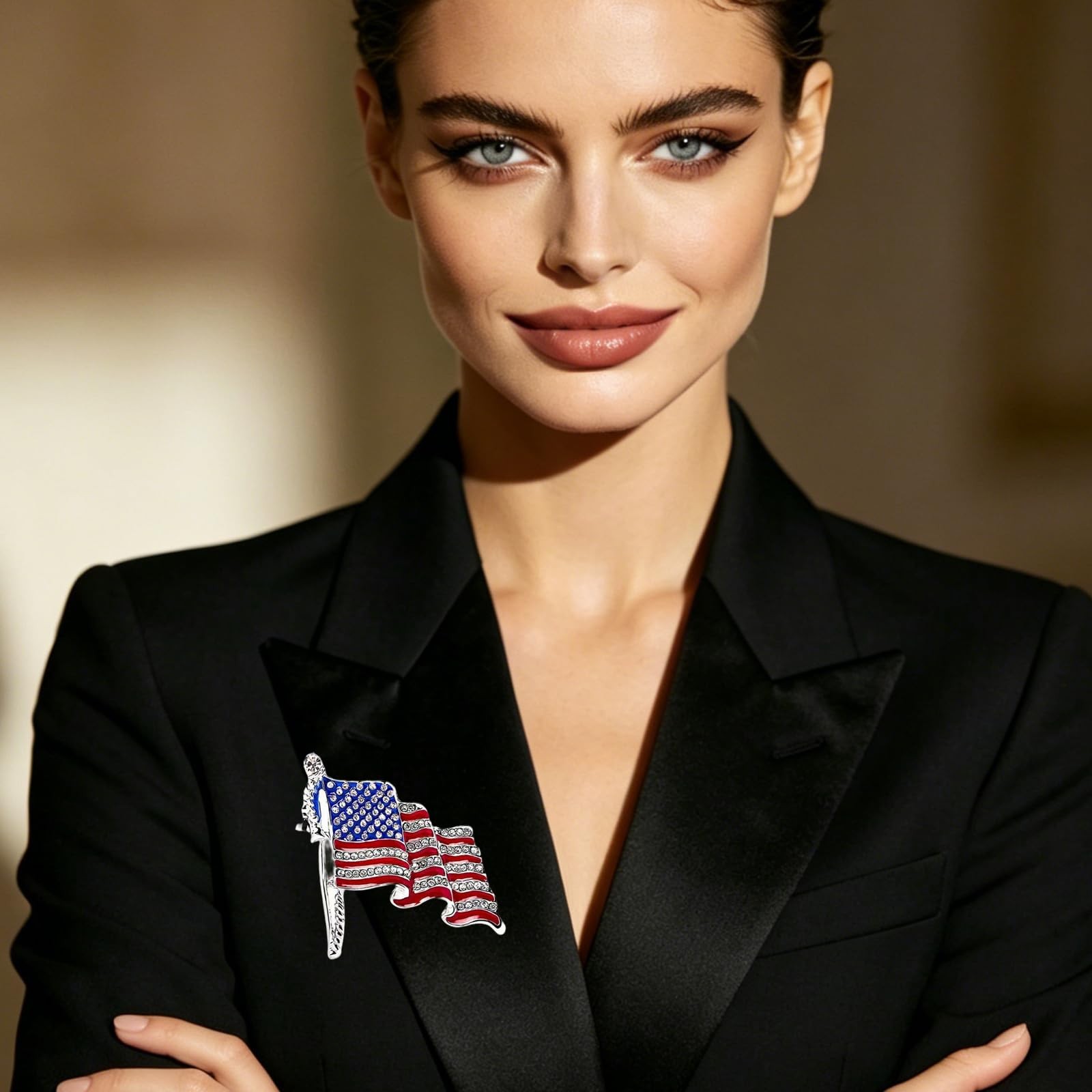 Rhinestone USA Flag Brooch Pin Patriotic Crystal Enamel Lapel Pin Accessory