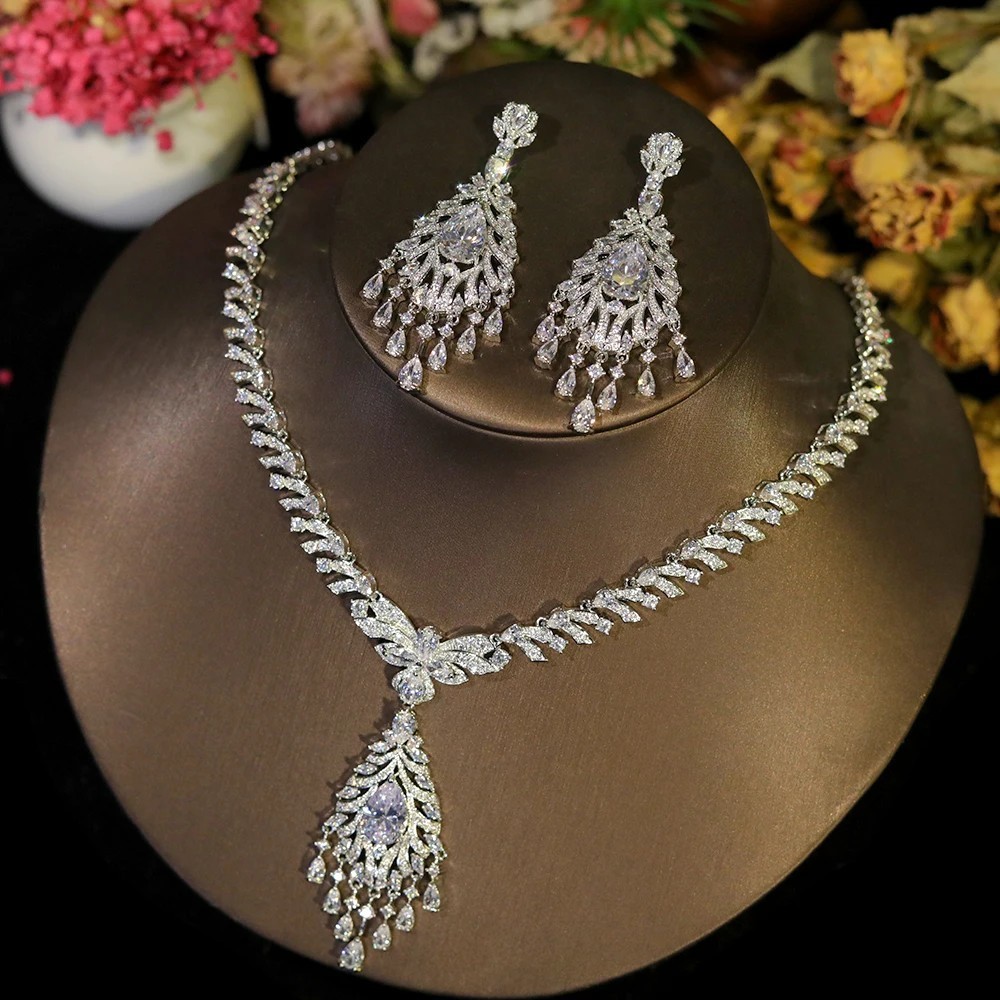 Premium Bridal wedding Jewelry Sets Necklace Engagement Party Earrings Silver