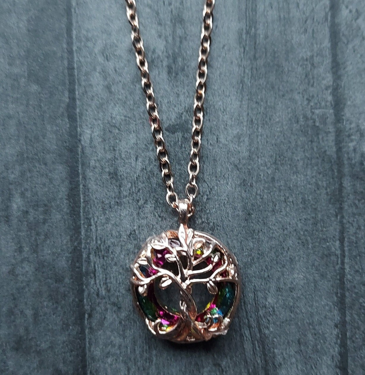 Copper-Rose Tree of Life – gnarled tree with crystal circle glass framing.