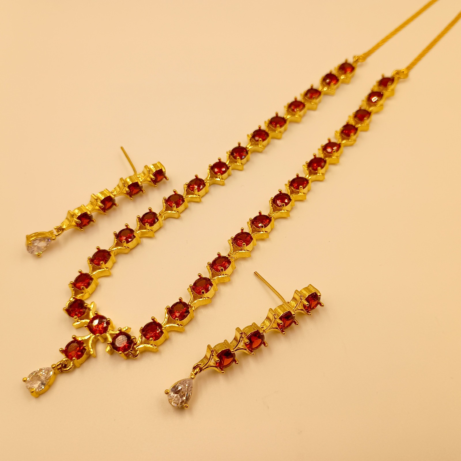 22K Gold Plated Rubellite Tourmaline Necklace Set Traditional Indian Choker Gift
