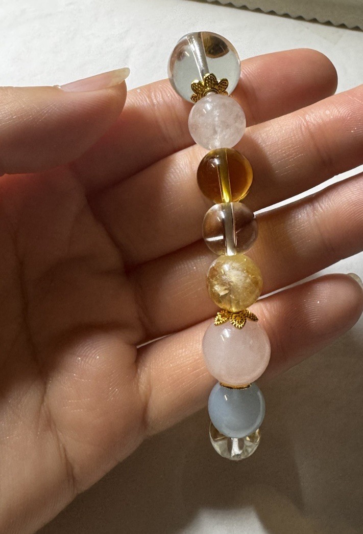 10-15mm Natural healing Crystal stretch Beaded Bracelet pink quartz yellow clear