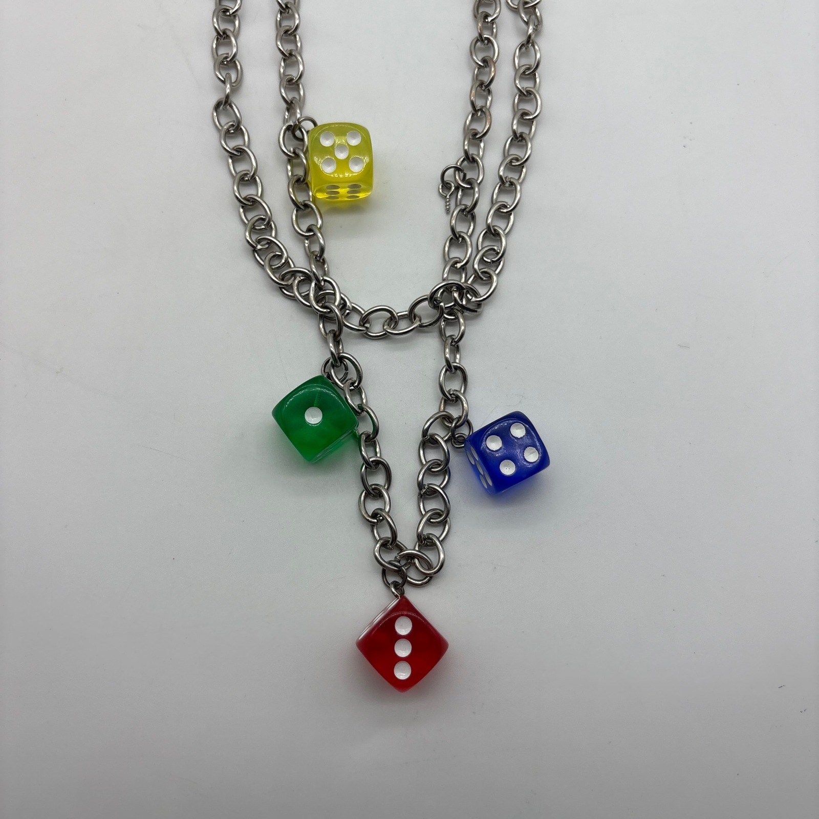 Silver Tone Double Layered Chain Necklace with Multicolor Translucent Dice