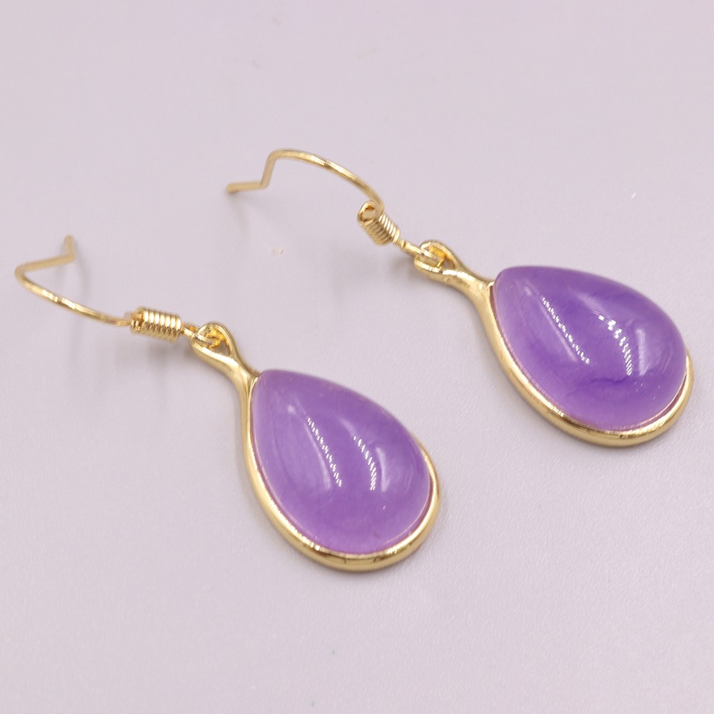 Gold Plated Alloy Heated Purple Jade Raindrop Charm Dangle Earrings 35mm H