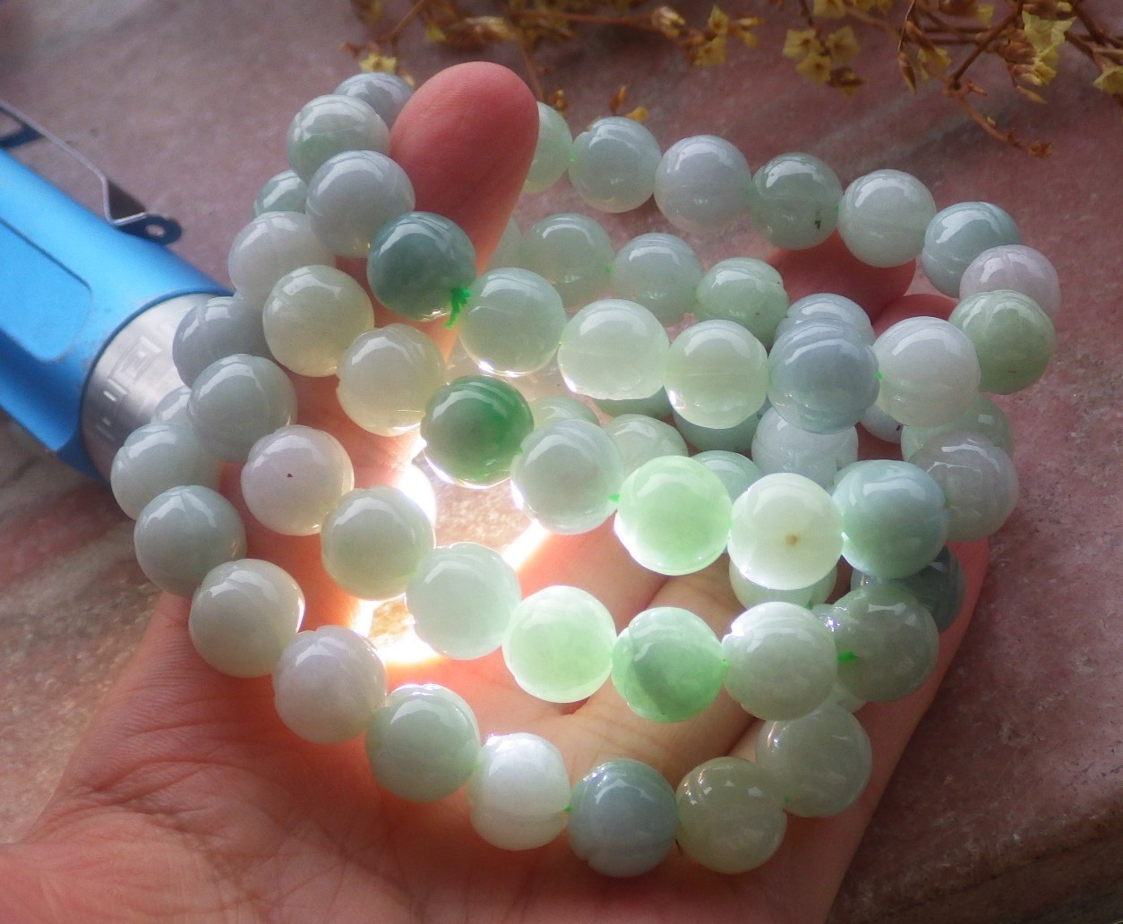 1 Pcs Green A JADE Jadeite Beads Bangle Lotus Flower Bracelet 7 inches 手链 737180