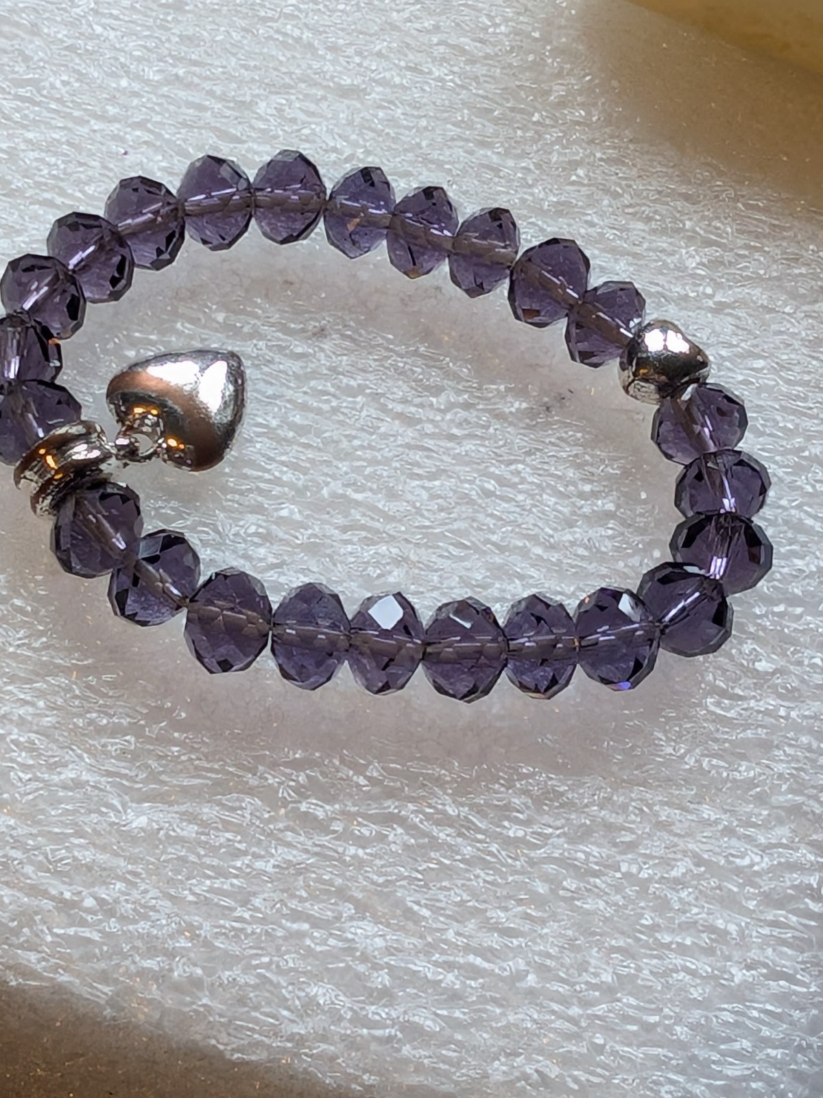 Purple Crystal Elasticated Faux Amethyst Bracelet 30g Love Heart Charm New/ Box