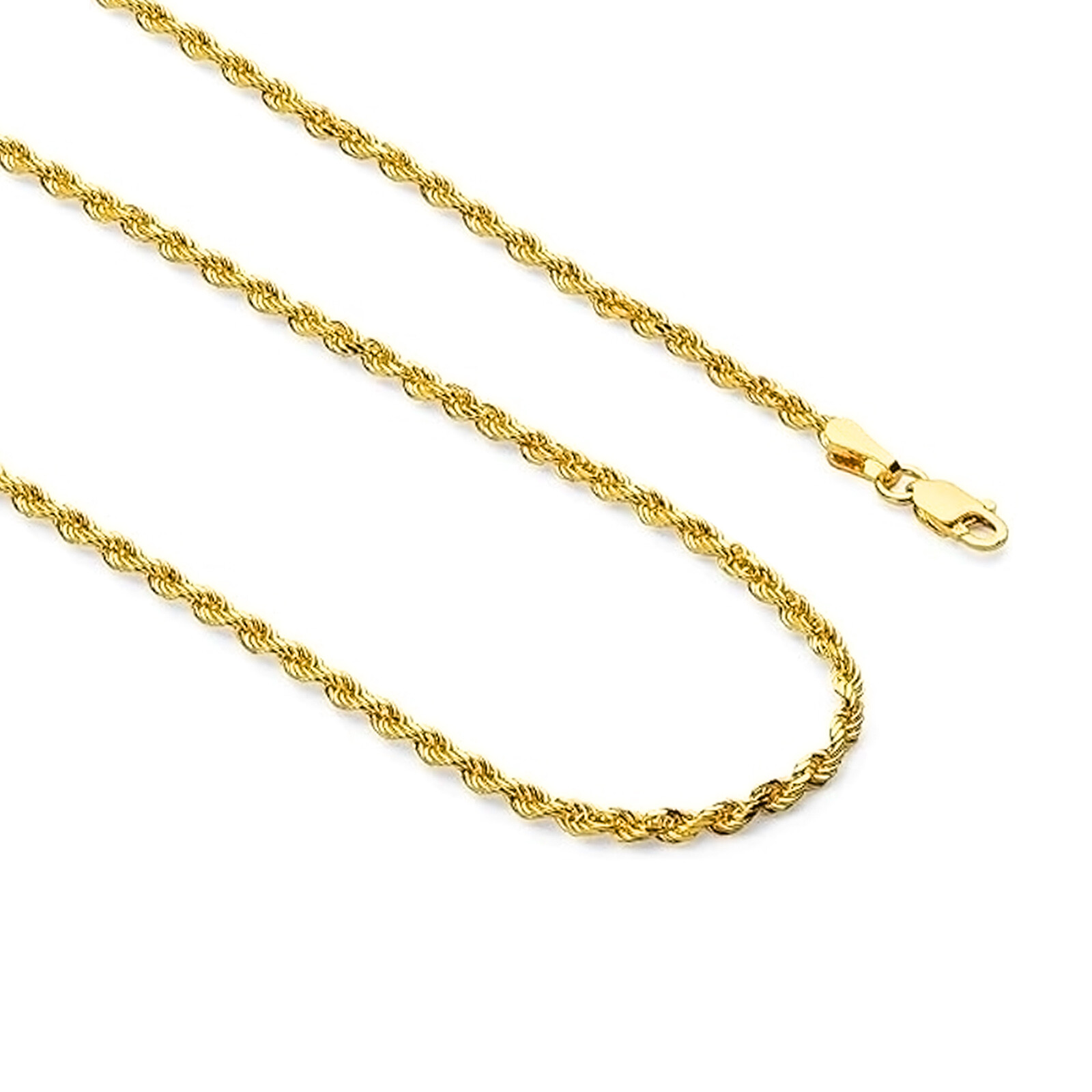 14K Real Solid Yellow Gold 1.5mm-6mm Rope Chain Necklace with Lobster Claw Clasp