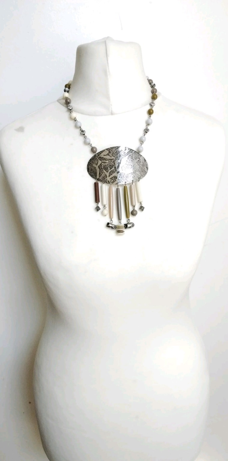 Ethnic Necklace Natural Colours ,hammered Oval Silver Toned Metal, Fringe Beads