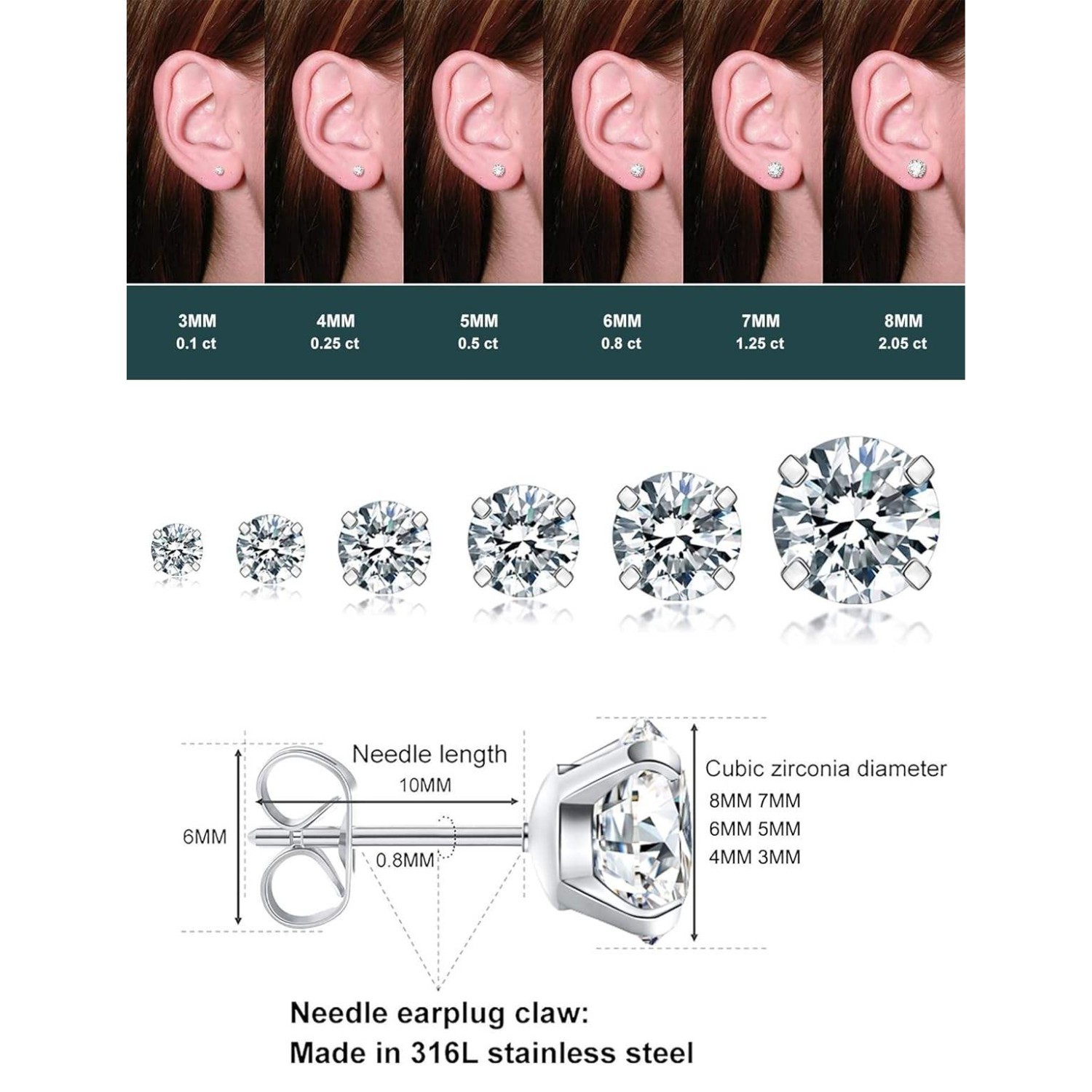 6 Pairs CZ Stud Earrings Set Hypoallergenic Stainless Steel Earrings(3-8mm)