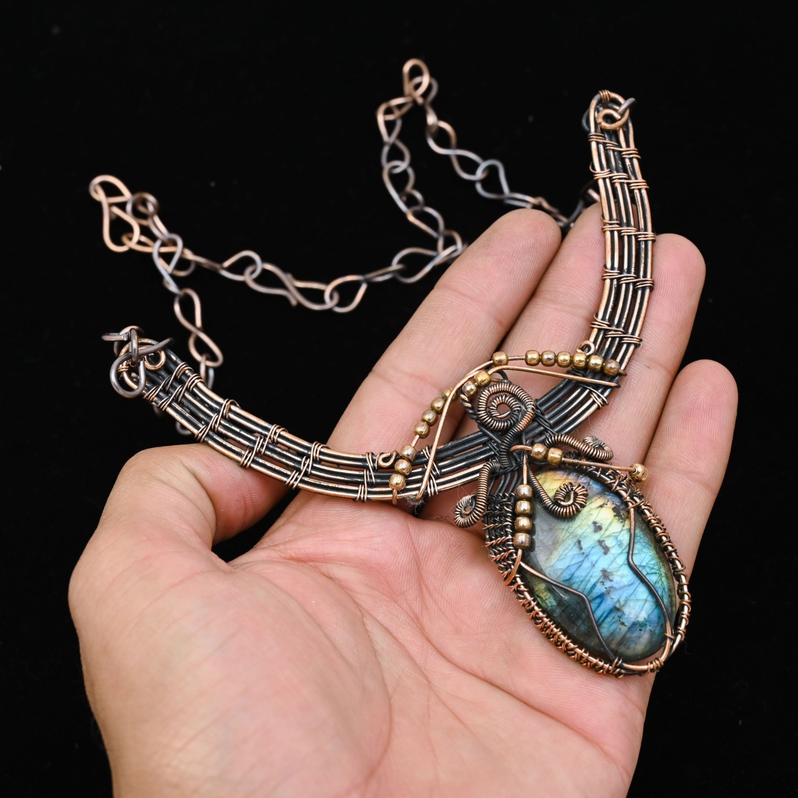 Copper Wire Wrapped Labradorite Pendant Necklace Artisan Handcrafted Necklace