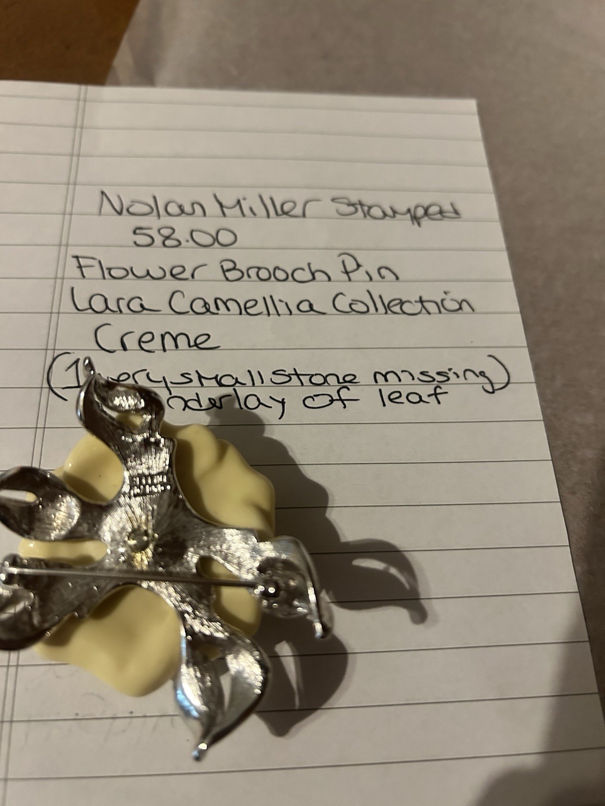 Nolan Miller Vintage Signed Flower Brooch Pin Cream Silver Clear Rhinestones