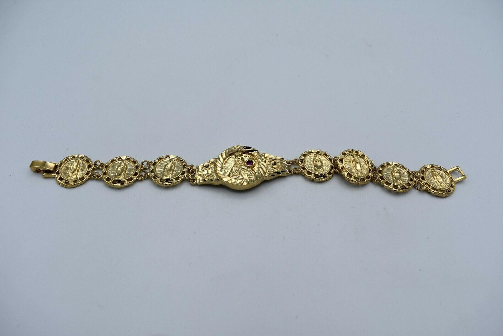 8 INCH 14KT HGE VIRGIN MARY BRACELET WITH RED STONE WEIGHS OVER 24 GRAMS B-216