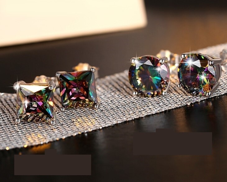 6mm Silver Square Round Mystic Fire Rainbow Topaz Princess CZ Stud Earrings PE22