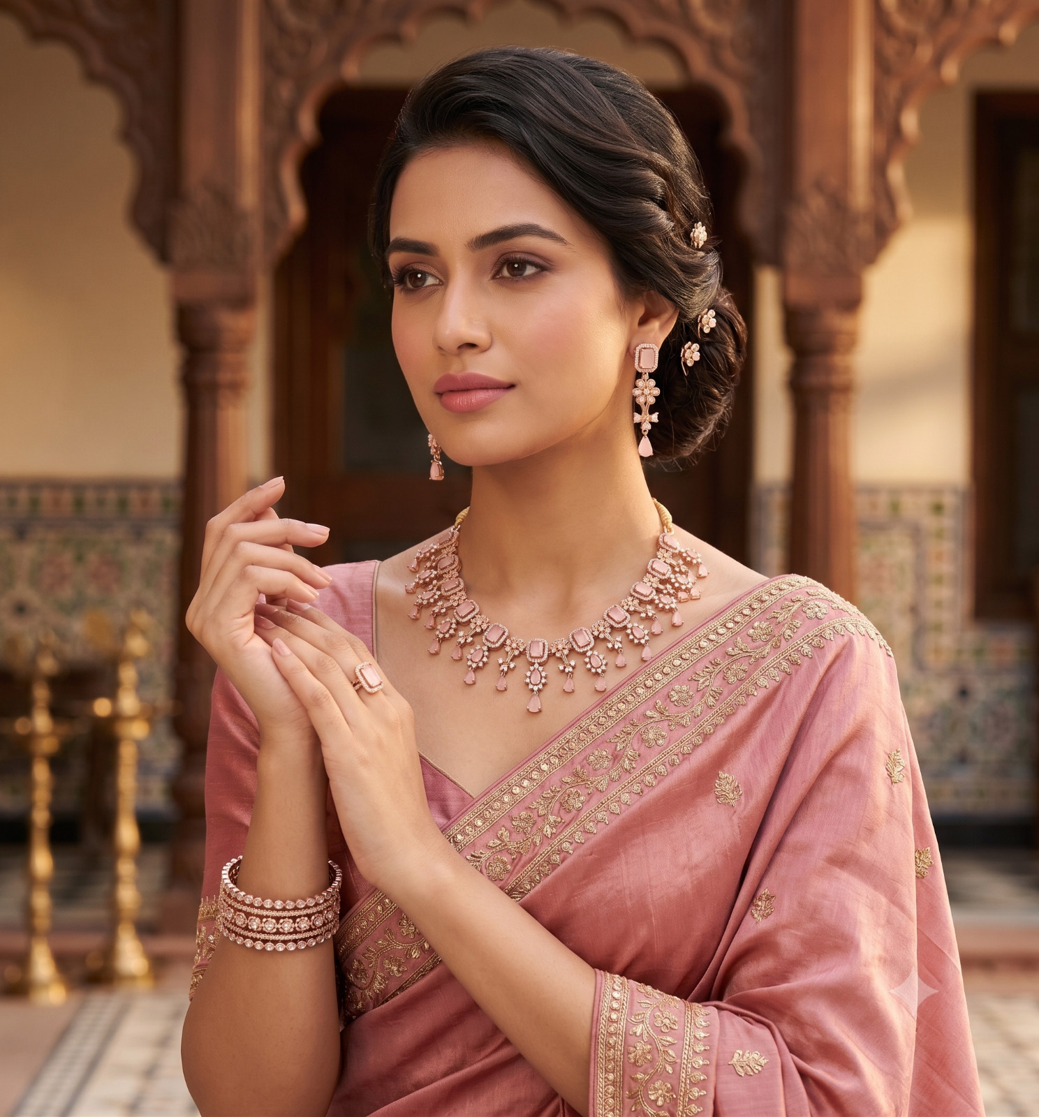 Pink CZ American Diamond Necklace Earrings Set Indian Wedding Bridal Jewelry