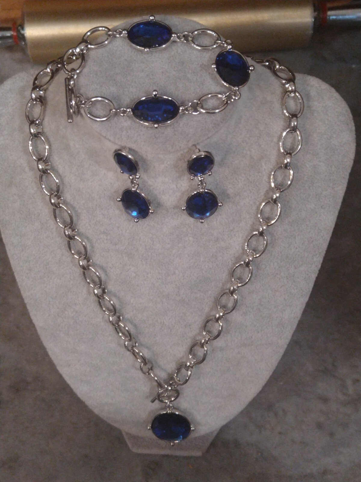 Set of 3 Sim. Blue SapphireLinkedChainNcklce,20.5 ,Brclet,Earrings,Silvrtone