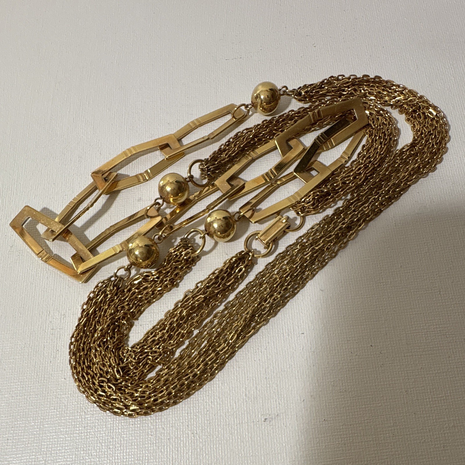 Gold Tone Multi-Strand Bar Link Chain Necklace Geometric Charm Box Clasp 18″