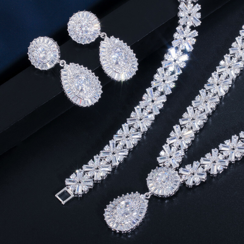 Gold Plated Water Drop Pageant Necklace Earring Bracelet CZ Zirconia Jewelry Set